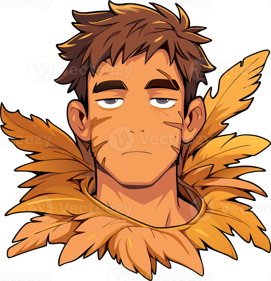 Animated Tribal Character with Feathered Attire and Stoic Expression for Creative Design png