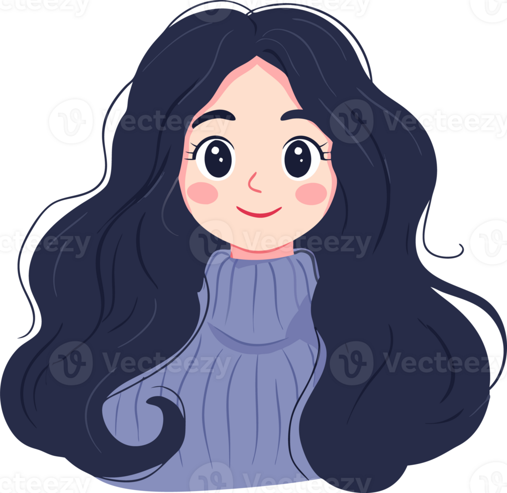 Cheerful Cartoon Character with Long Dark Hair and Blue Turtleneck Sweater png