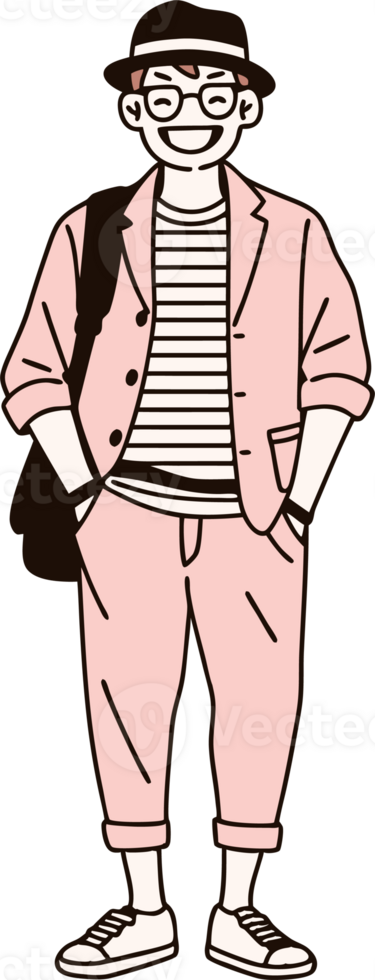 Stylishly Illustrated Trendy Young Man in Pink Fashion Outfit with Hat and Bag png