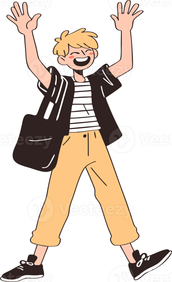 Cheerful Cartoon Character with Blonde Hair and Casual Attire Celebrating Victory png
