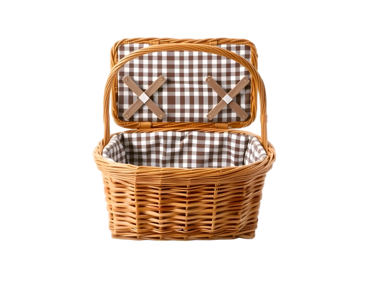 Wicker picnic basket with checkered napkin isolated on transparent background png