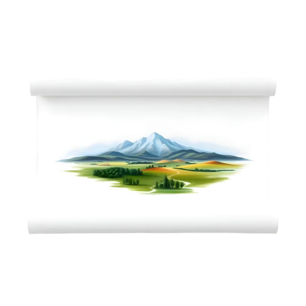 Parchment with mountain landscape on transparent background png