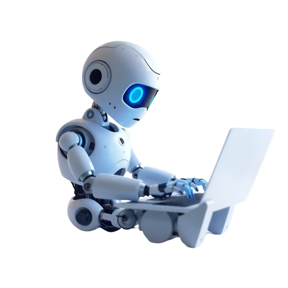 Modern Robot with Laptop, Engaged in Digital Communication png