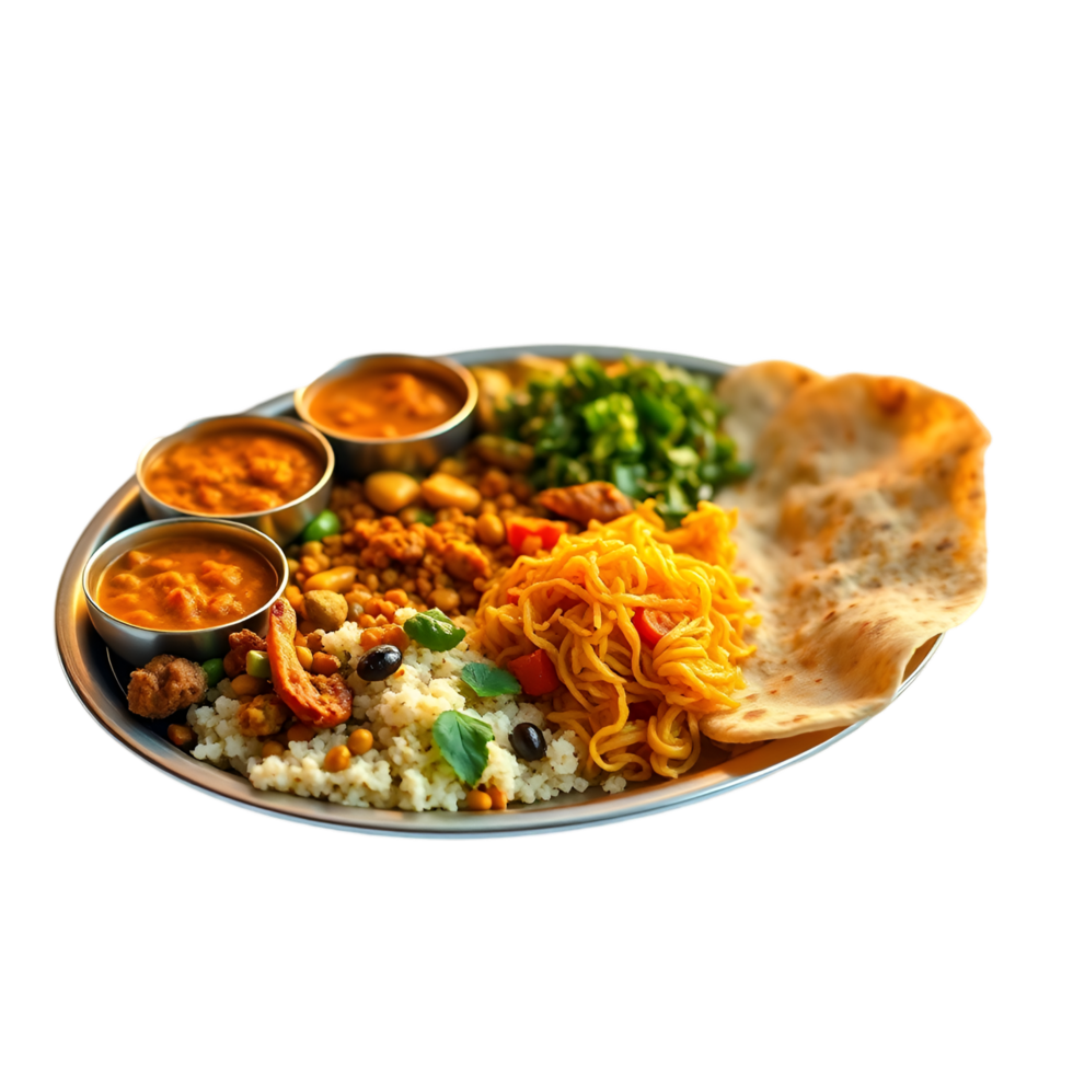 Hearty Indian Thali, Featuring Lentils, Rice, and Flatbreads png