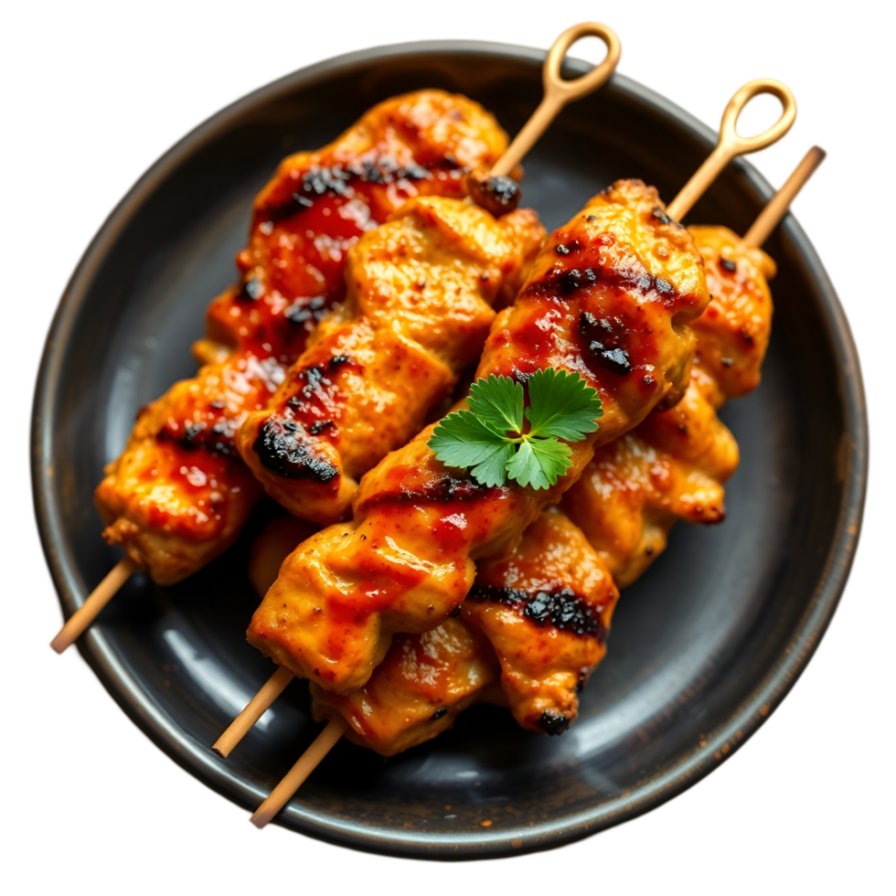 Flavorful Chicken Satay, Garnished with Herbs, Plate Presentation png