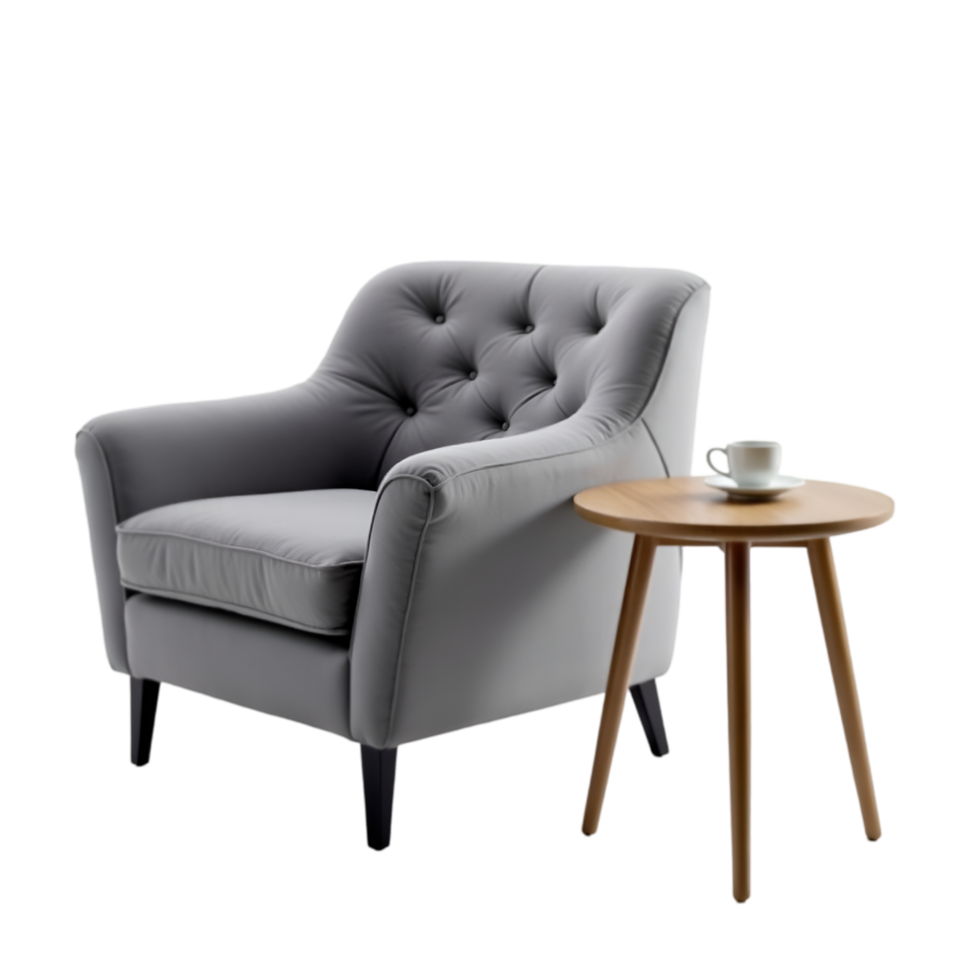 Cozy Upholstered Chair with Button Tufting and Coffee Cup png