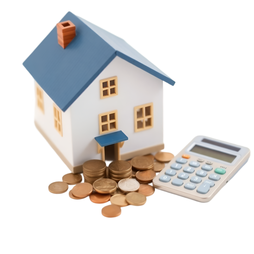 Miniature House Model with Coins and Calculator for Real Estate png