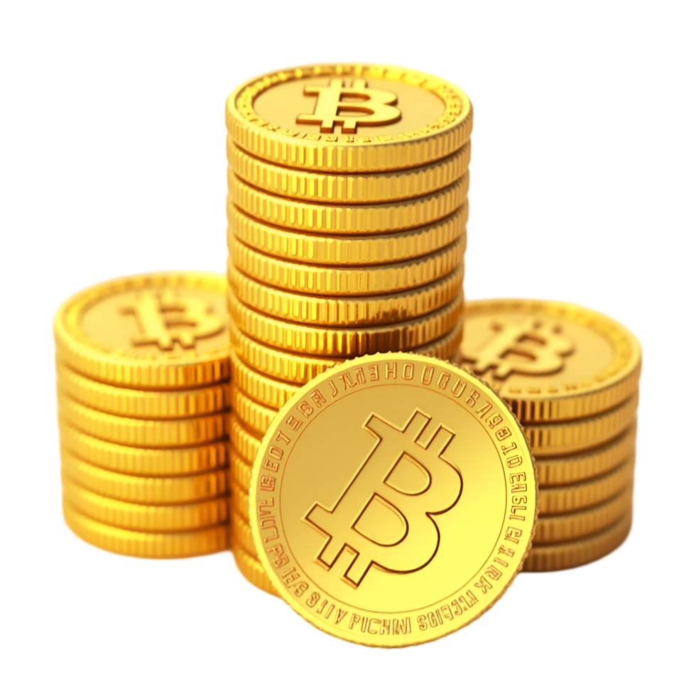 Golden Bitcoin Coins Piled High on a Black Background png