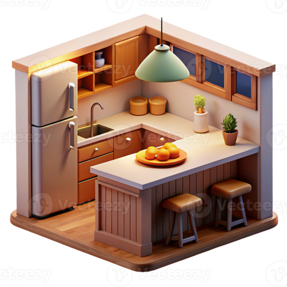 serene modern Cozy Kitchen 3D Illustration 4K png