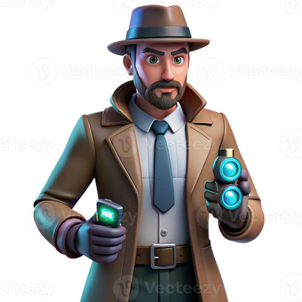 vibrant abstract 3D Render Detective Cartoon Character professional png