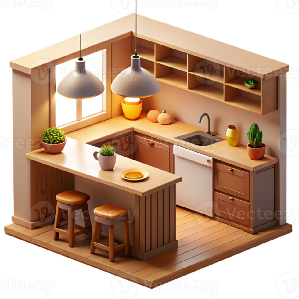 stunning minimalist Cozy 3D Kitchen Isometric Illustration authentic png