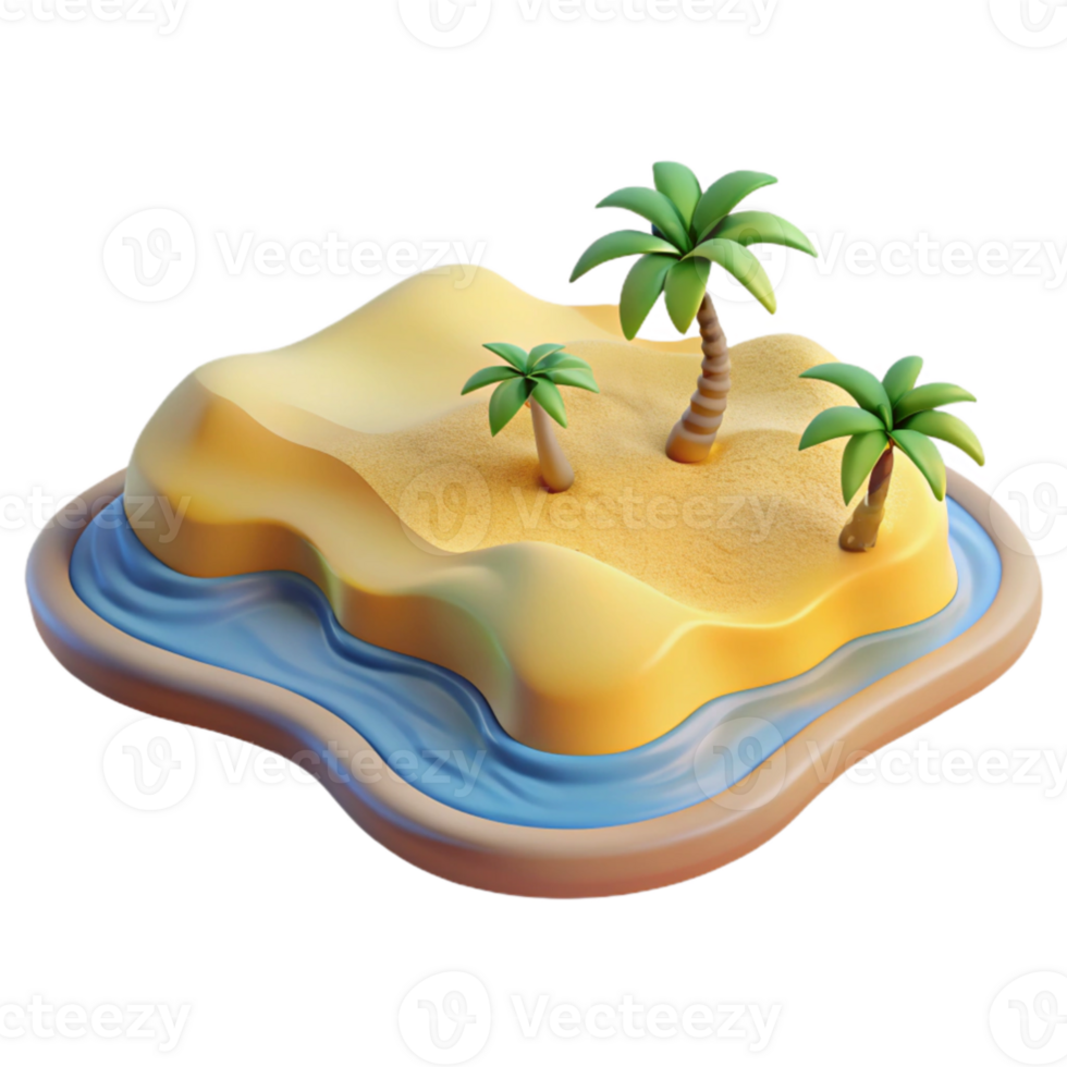 vibrant creative 3D Island Render Palm Trees Sandy Beach Ocean high resolution png