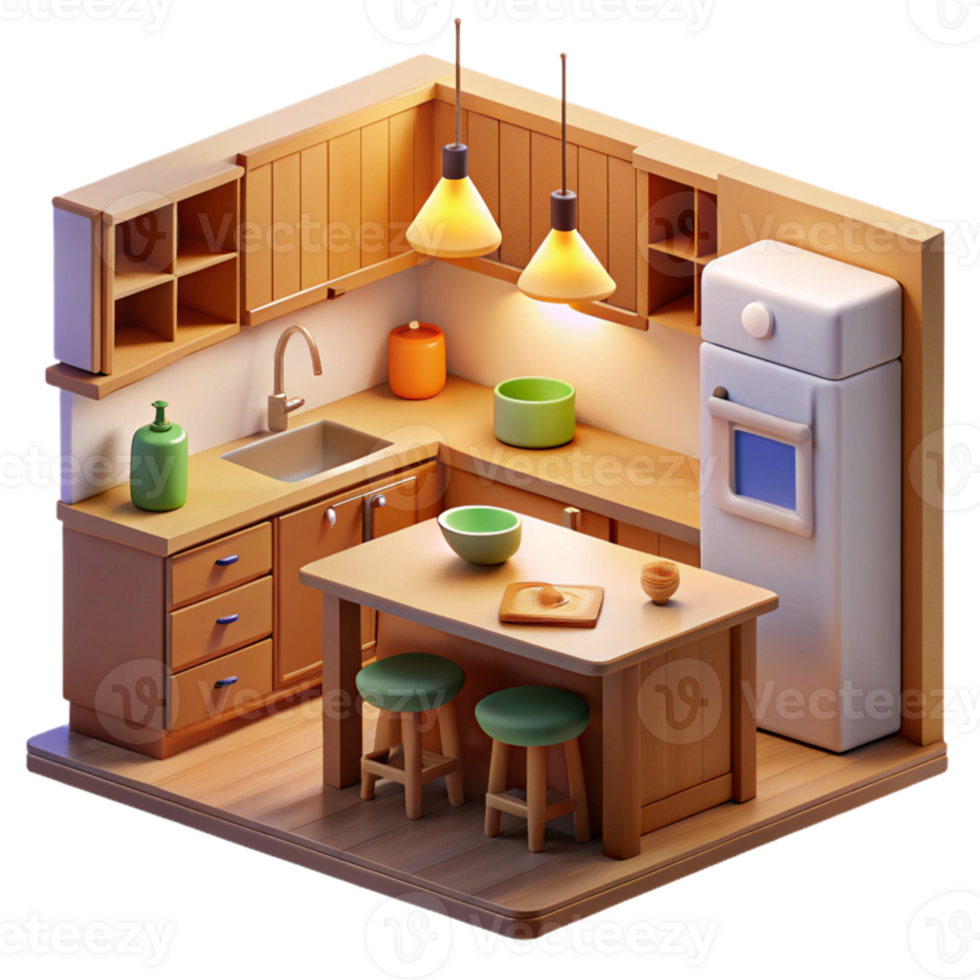 elegant contemporary Cozy Kitchen 3D Model Render high quality png