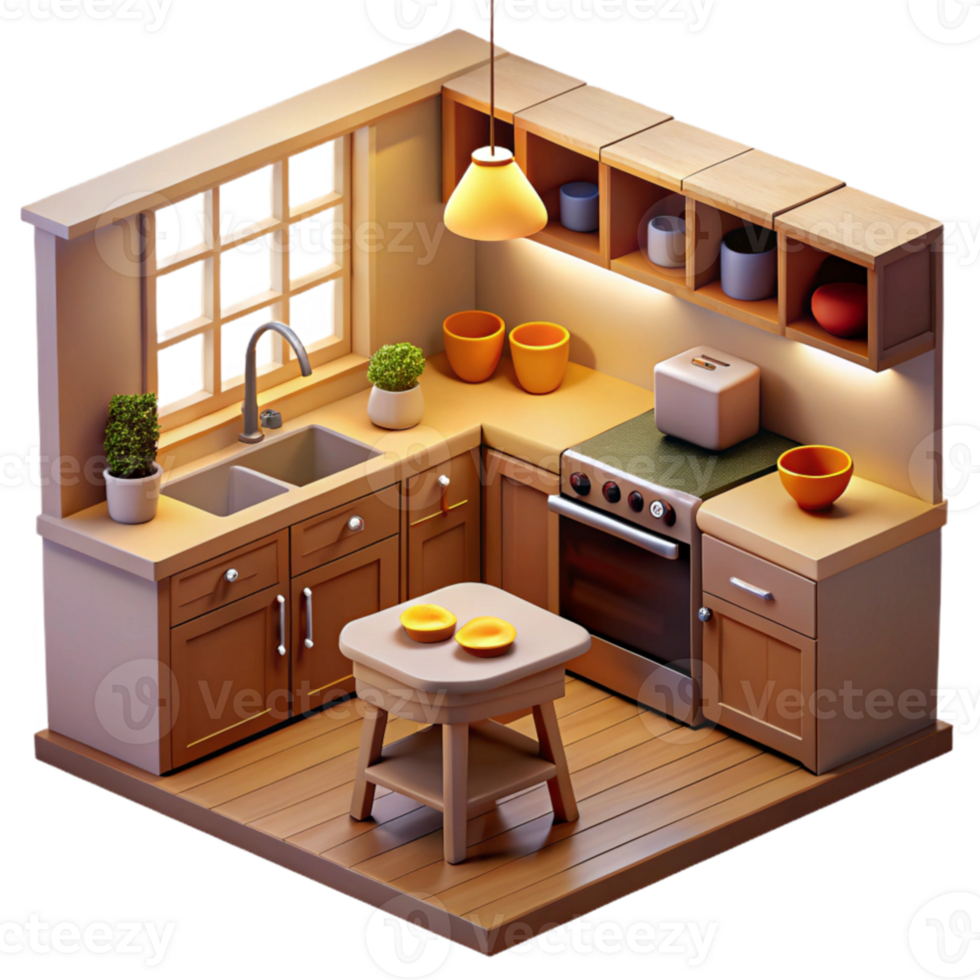 dramatic modern Cozy 3D Isometric Kitchen Illustration professional png