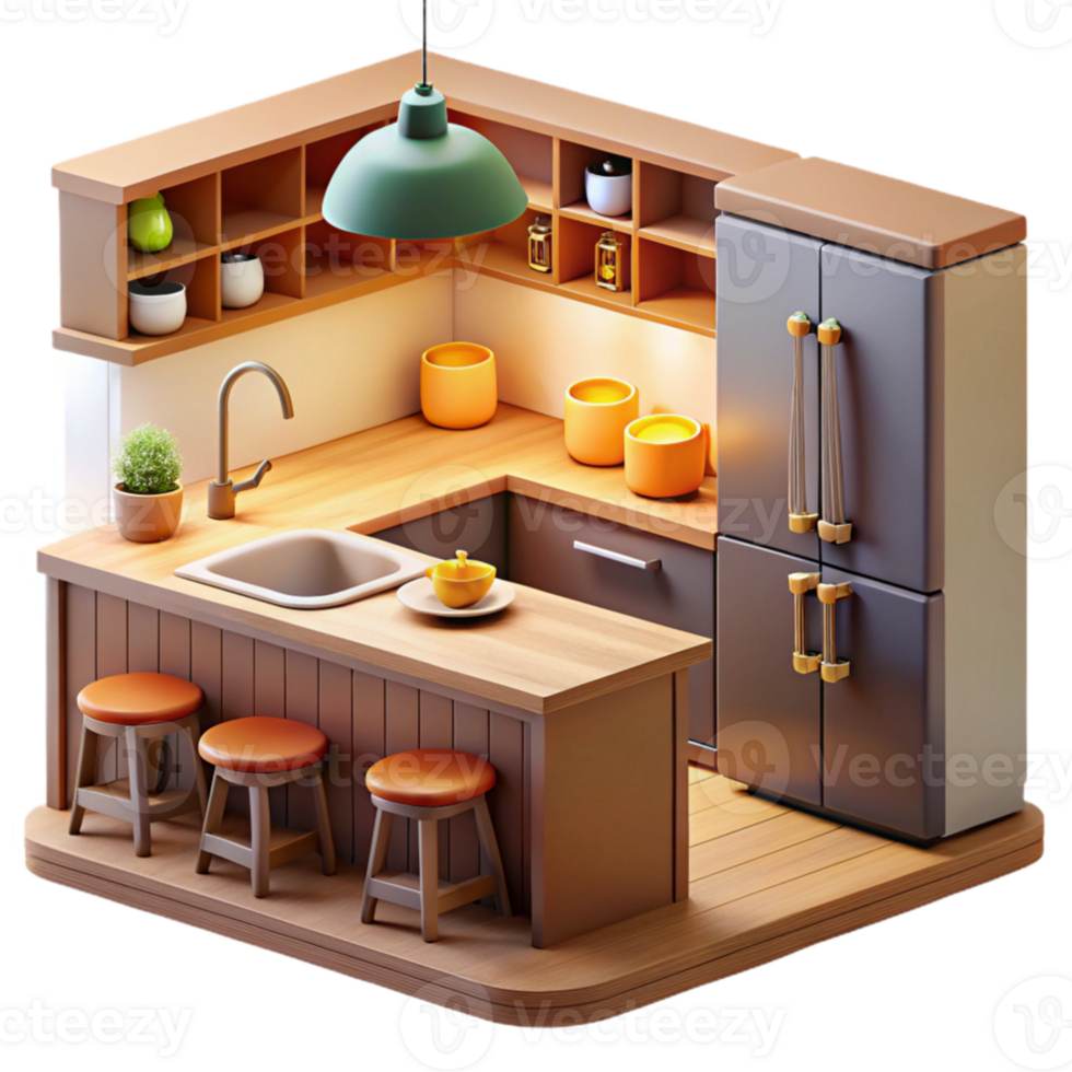 beautiful rustic Modern Kitchen Isometric 3D Illustration 4K png