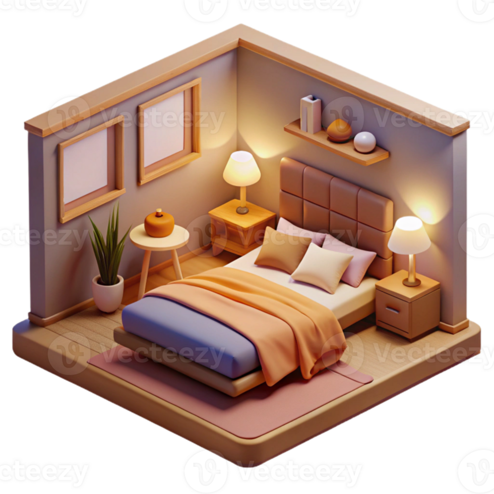 magnificent minimalist Cozy 3D Bedroom Illustration detailed png