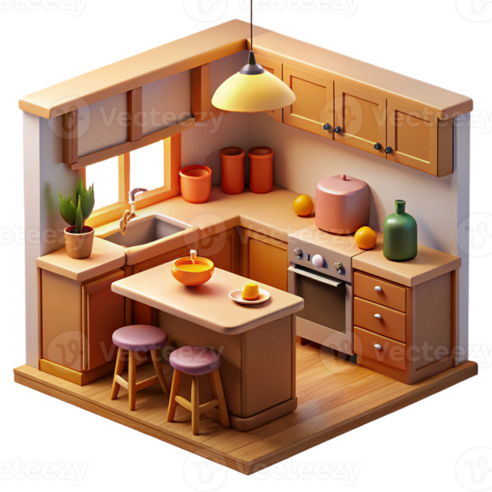 wonderful artistic Cozy Kitchen 3D Model Isometric View 4K png