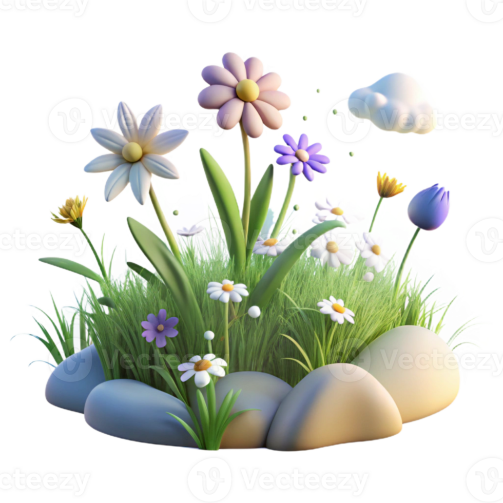 dramatic modern 3D Render of Spring Flowers in Grass premium png