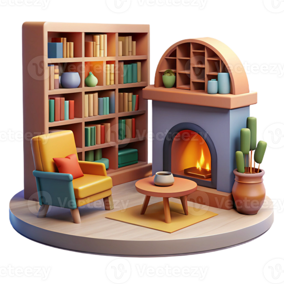 elegant artistic Cozy 3D Render of Fireplace and Bookshelves exclusive png