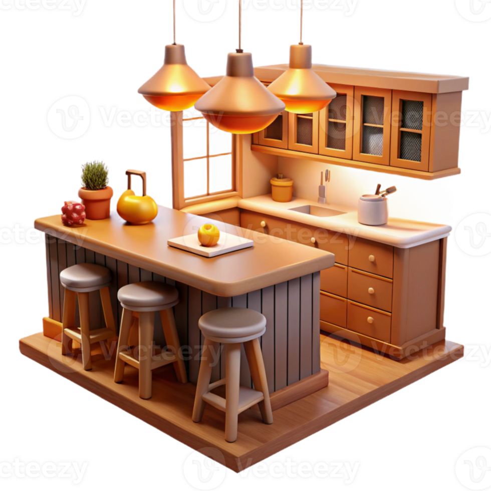 stunning traditional Cozy 3D Kitchen Island Illustration high resolution png