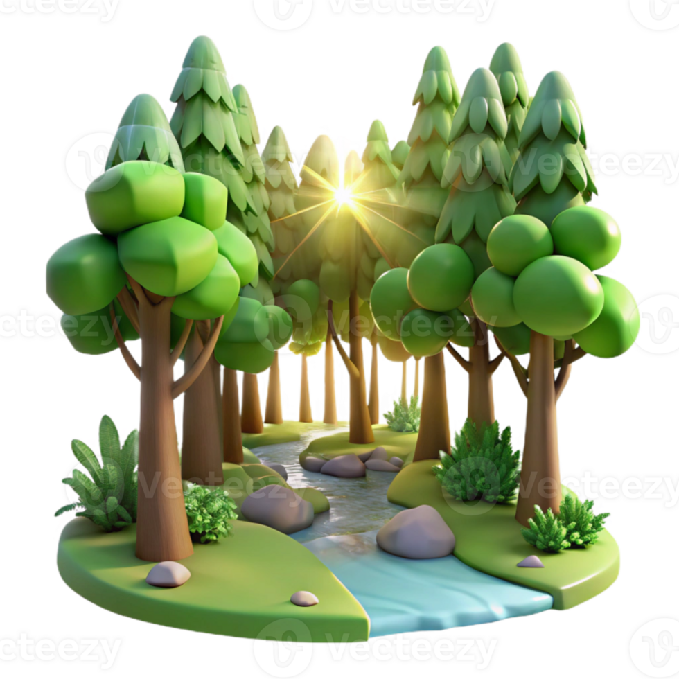 impressive minimalist 3D Cartoon Forest Scene with Stream original png