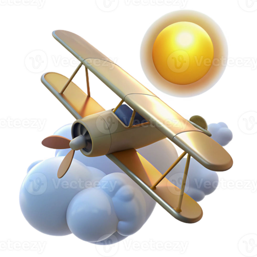 dramatic rustic 3D Render Biplane Flying in Sunny Sky premium png