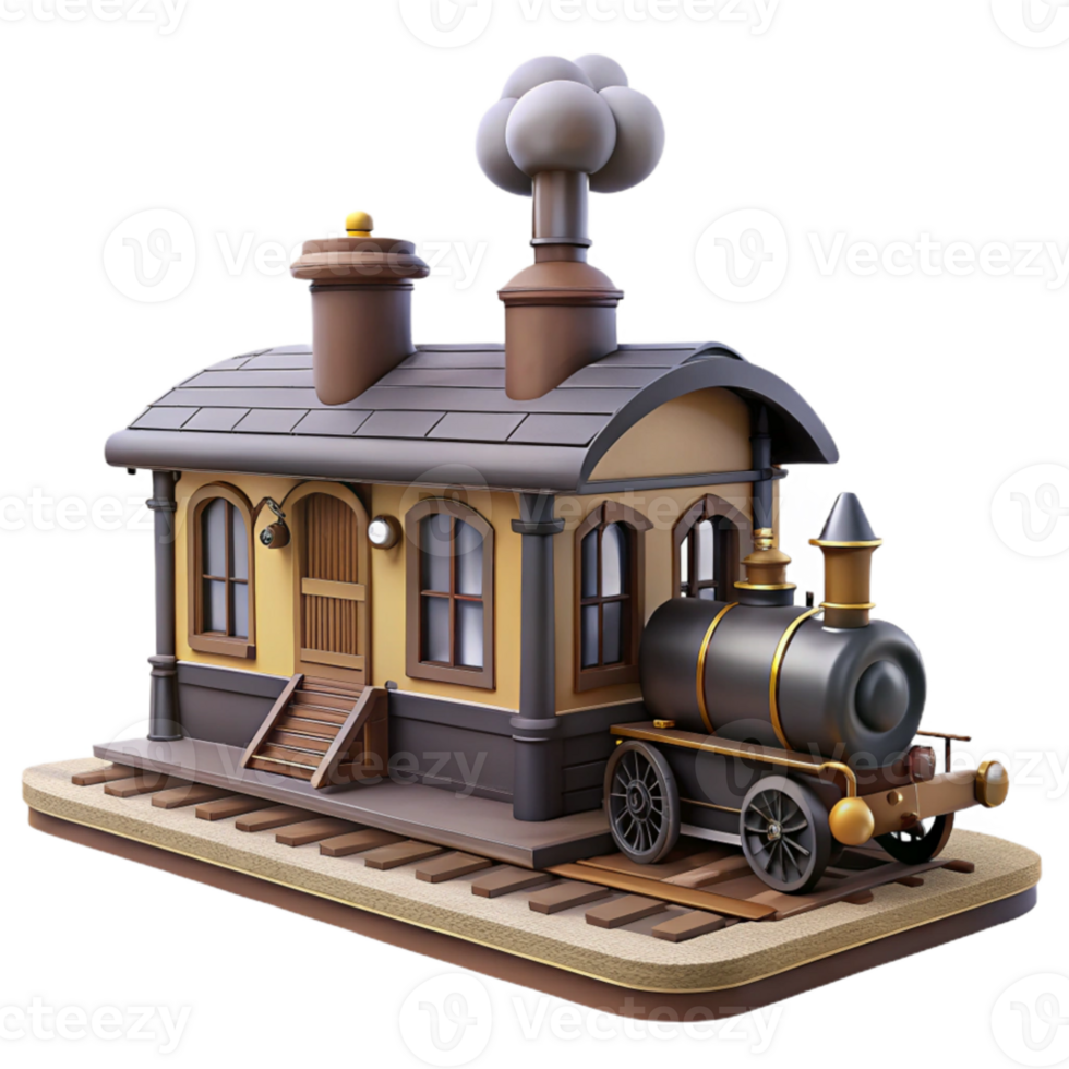 beautiful rustic Cartoon Train Station 3D Render high quality png