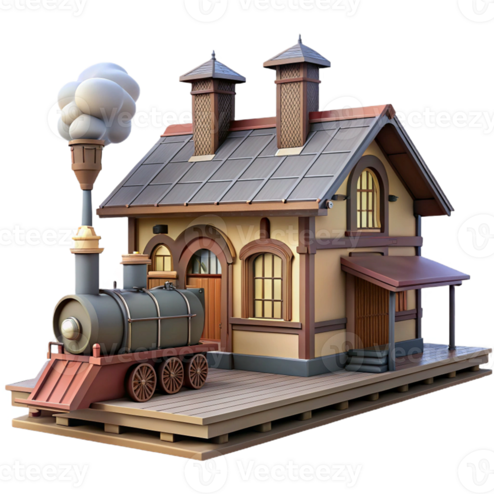 stunning minimalist Cartoon Train Station 3D Render professional png