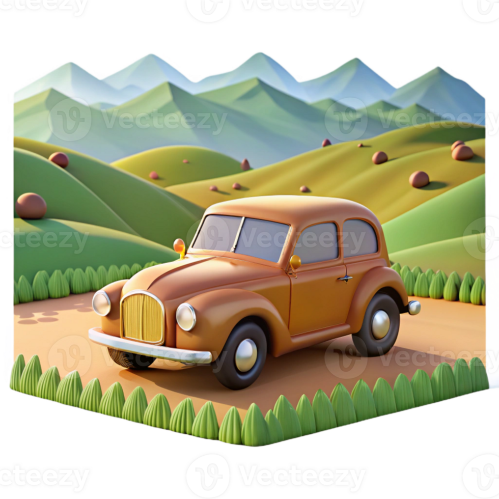 wonderful modern Cartoon Classic Car in Scenic Hills 3D Render 4K png