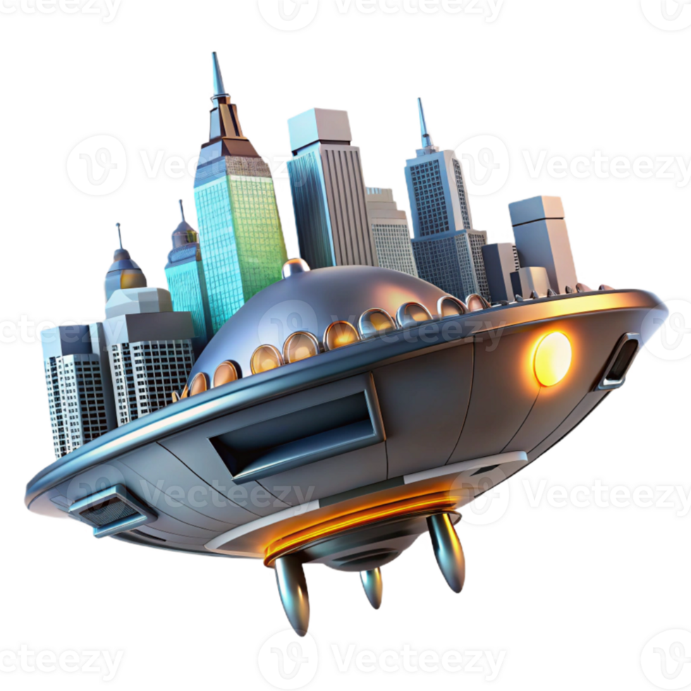 stunning traditional 3D Render Cityscape Lifted by Flying Saucer original png