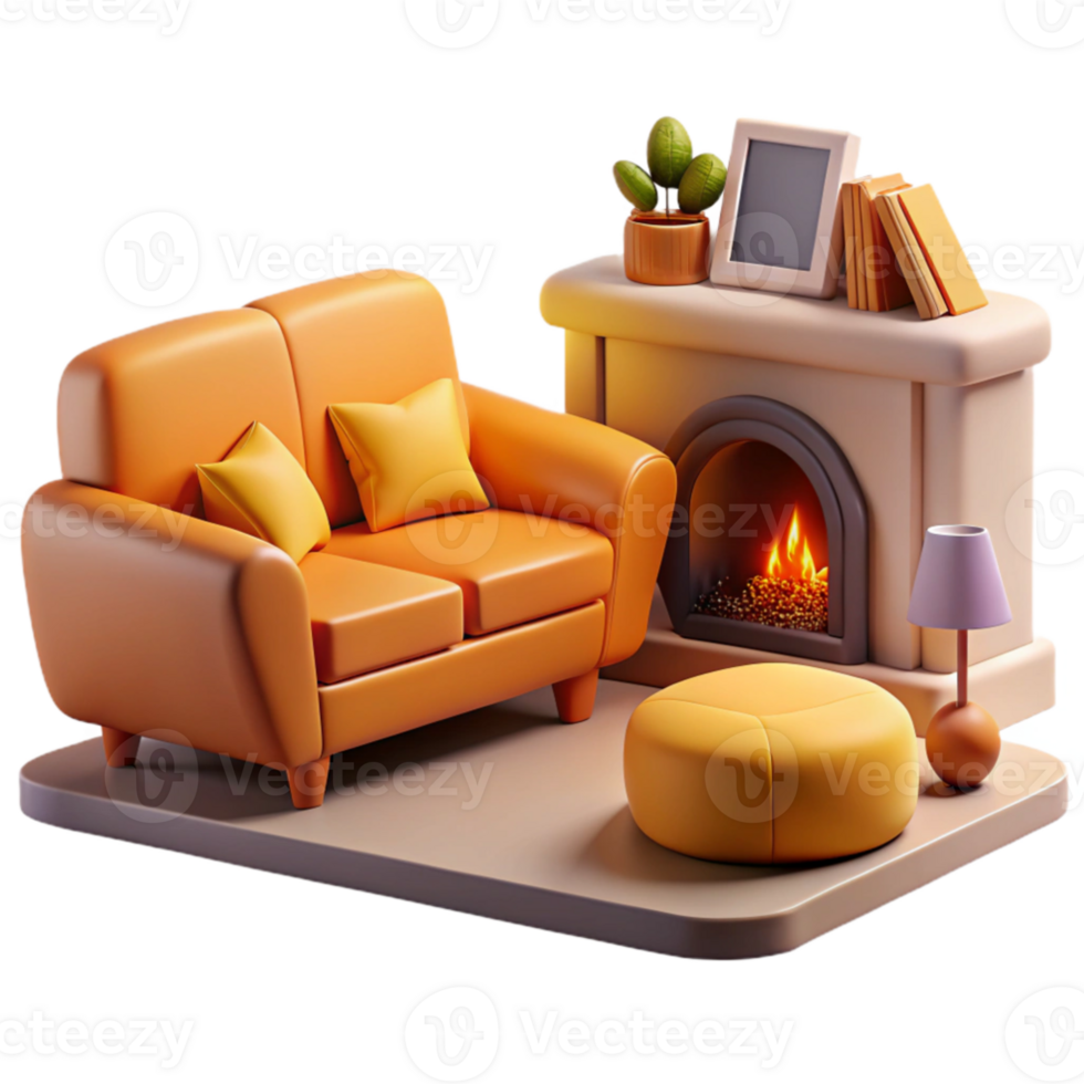 extraordinary rustic Cozy Living Room 3D Render high resolution png