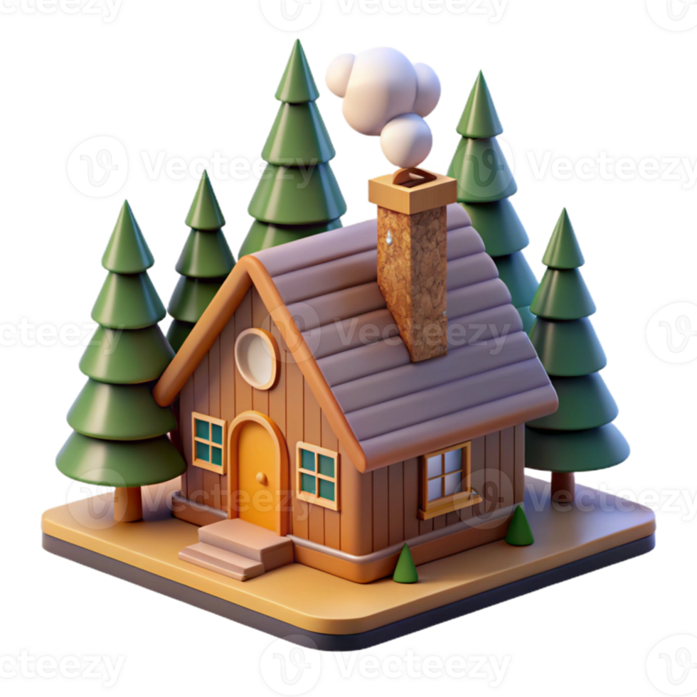 impressive rustic Cozy 3D Cabin Illustration in the Woods premium png