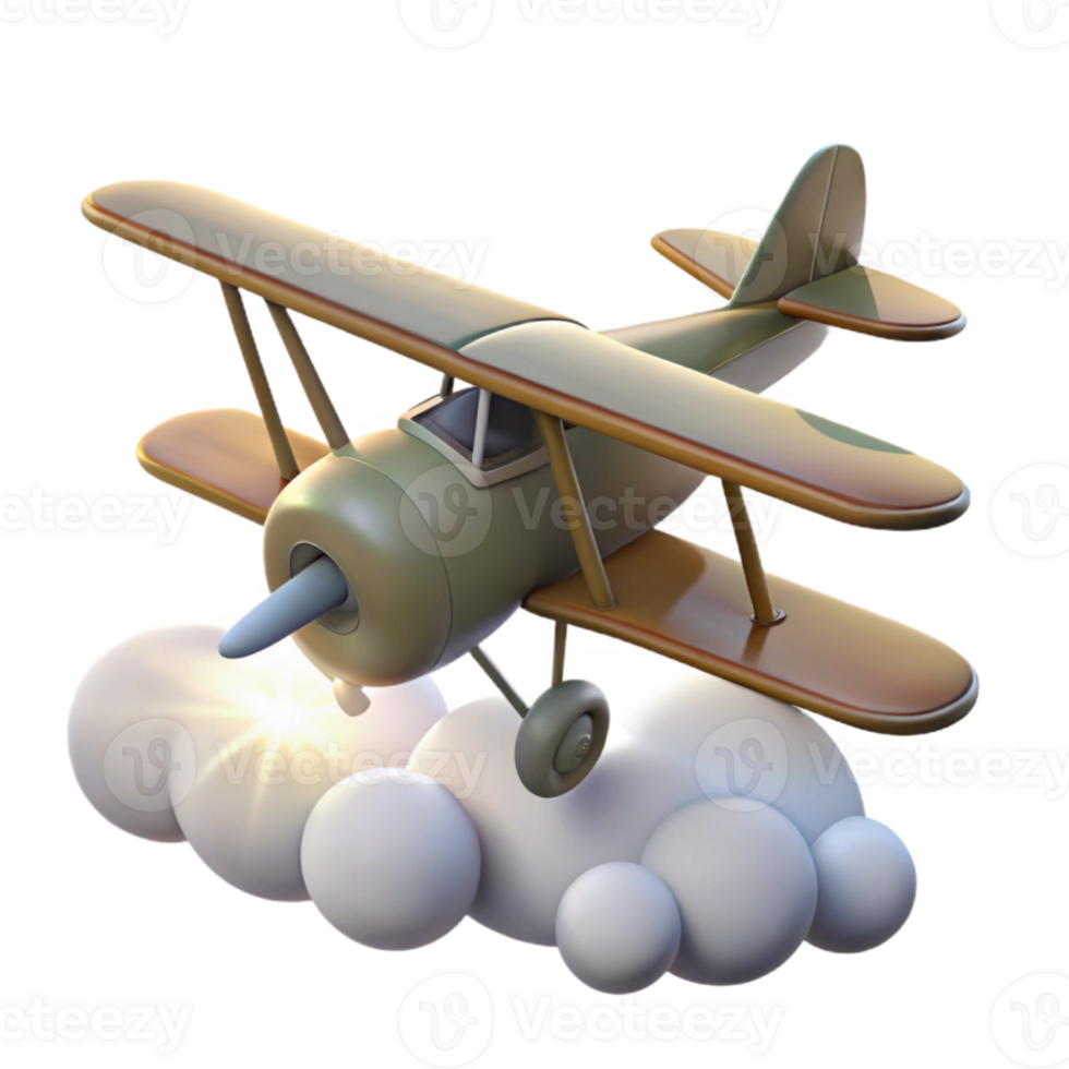 magnificent minimalist Vintage Biplane 3D Render in Clouds professional png