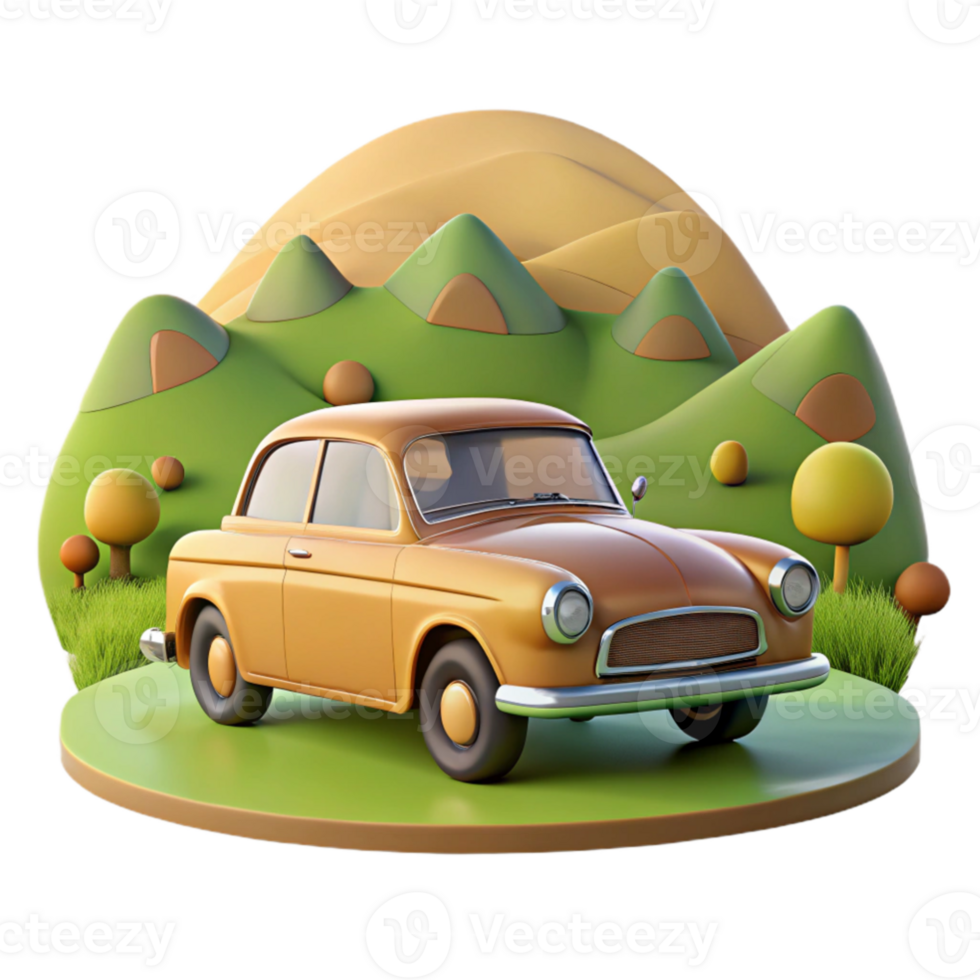impressive contemporary Cartoon Car in Scenic Landscape 3D Render professional png
