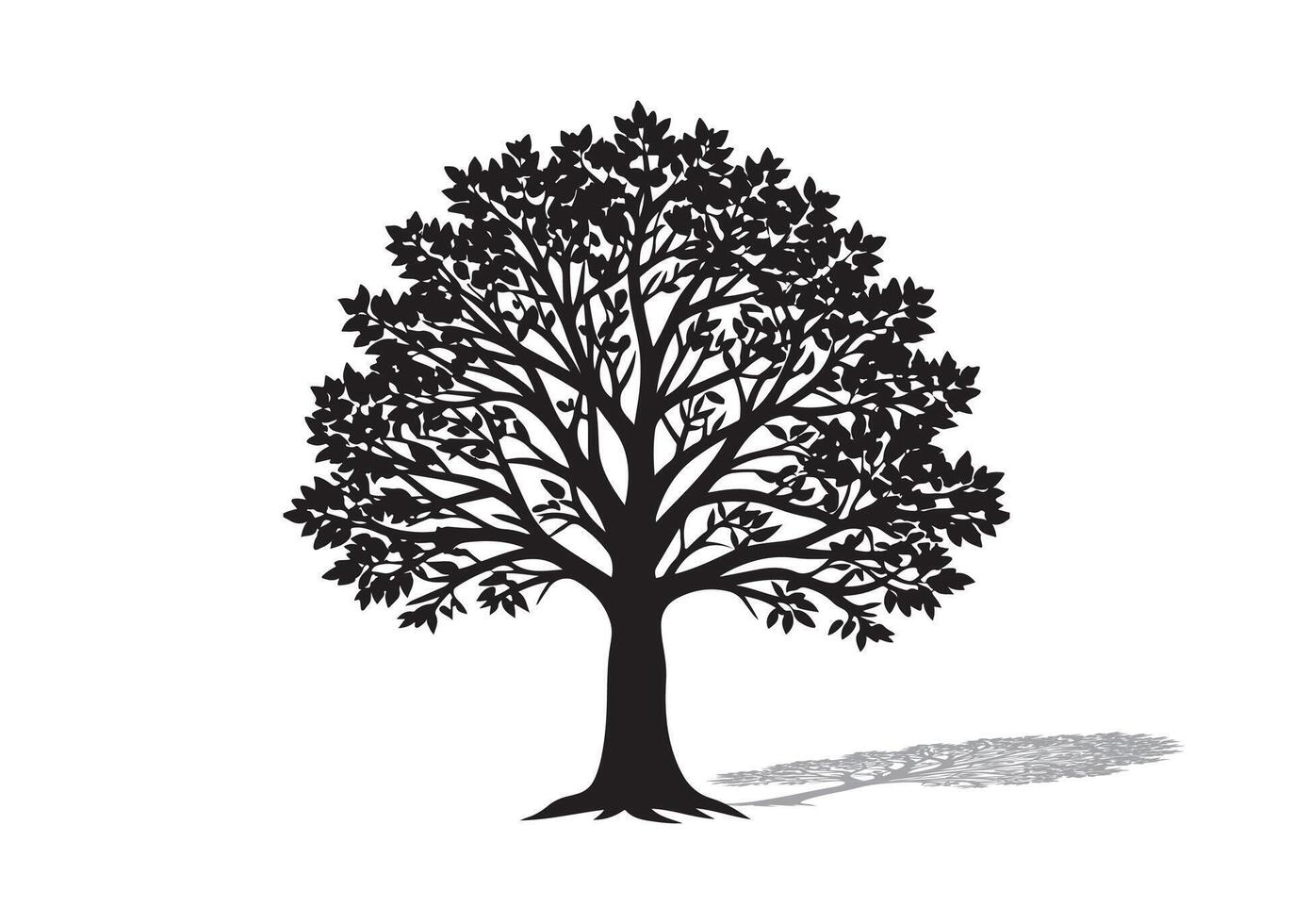 Black silhouette of oak tree with leaves and visible roots vector