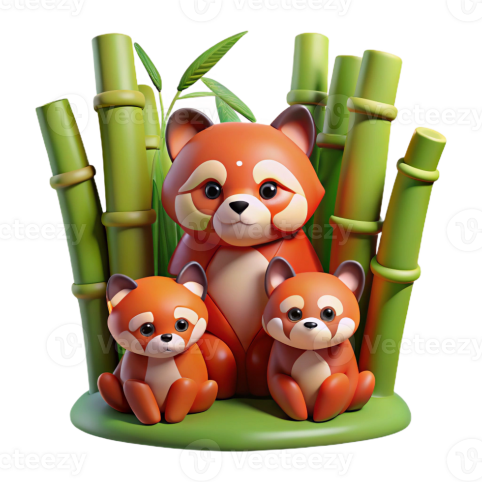 stunning modern dramatic artistic A family of red pandas nestled in a bamboo forest, rendered in a Pixar-like 3D style, warm lighting, detailed fur and foliage professional original png