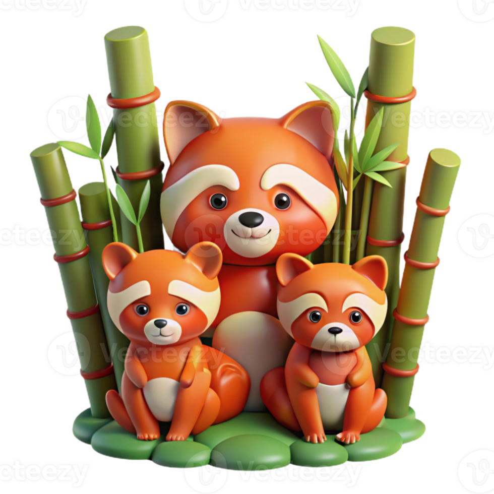 stunning contemporary beautiful modern A family of red pandas nestled in a bamboo forest, rendered in a Pixar-like 3D style, warm lighting, detailed fur and foliage original detailed png