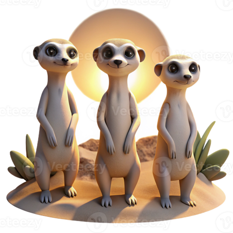 beautiful rustic serene creative A group of meerkats standing guard in the desert, comedic style, bright sunlight, detailed fur and sand exclusive premium png