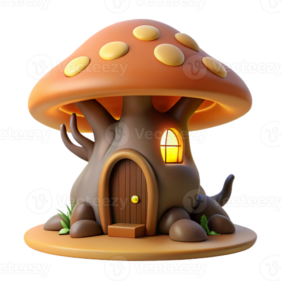elegant abstract wonderful contemporary A whimsical mushroom house nestled within the roots of a giant, glowing oak tree, warm, inviting lighting, storybook illustration style genuine exclusive png