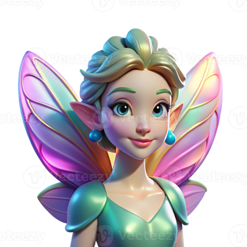 vibrant contemporary dramatic artistic Portrait of a whimsical fairy with iridescent wings, delicate features, and a playful expression, glowing ethereal lighting, Art Nouveau style, exclusive premium png