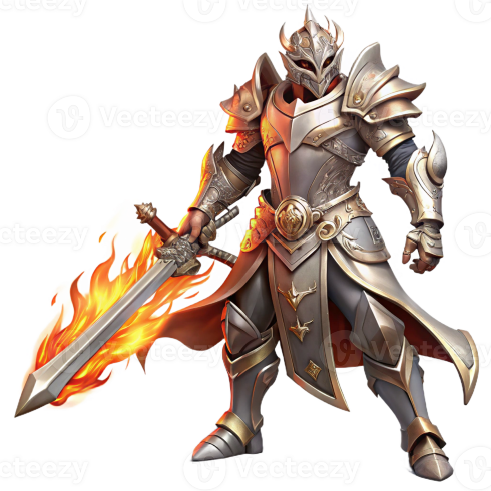 impressive contemporary magnificent contemporary A warrior in ornate, silver armor wielding a flaming sword, dynamic lighting with fiery reflections, heroic fantasy style 4K original png