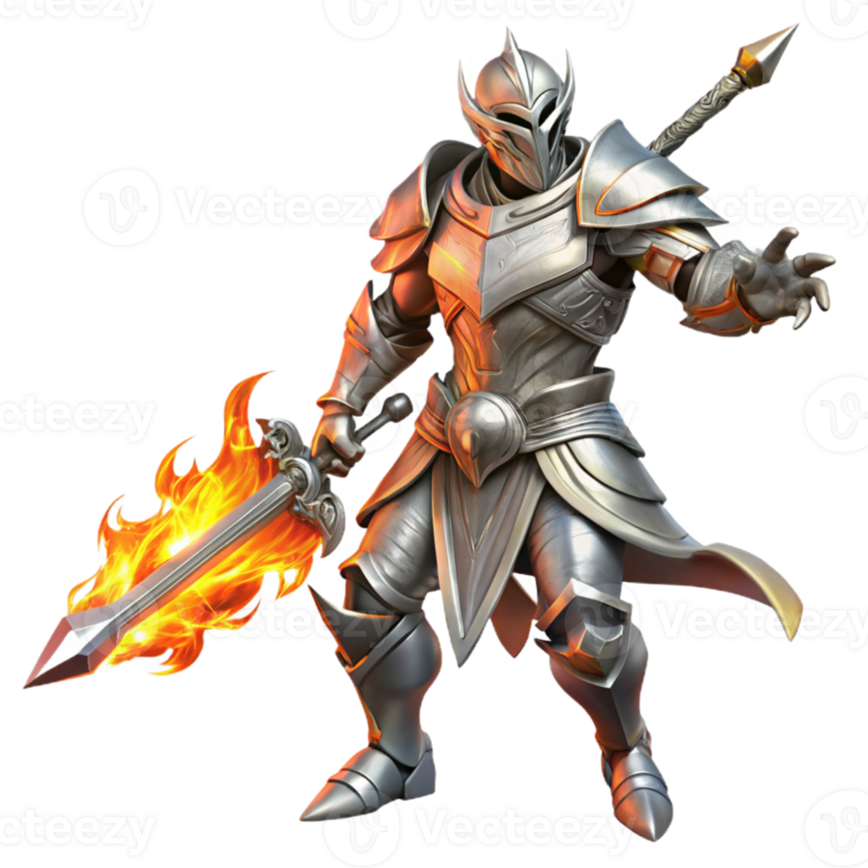 wonderful vintage magnificent rustic A warrior in ornate, silver armor wielding a flaming sword, dynamic lighting with fiery reflections, heroic fantasy style high quality high resolution png