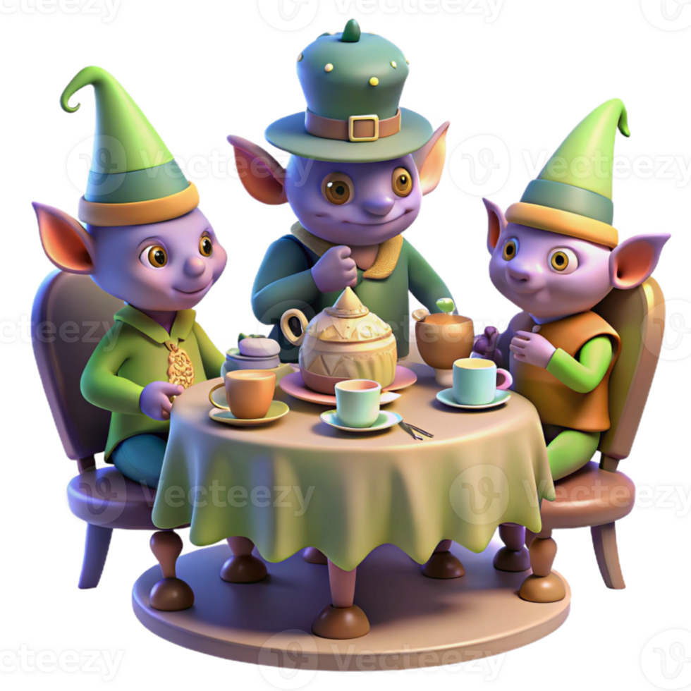 extraordinary creative magnificent minimalist A whimsical tea party hosted by a group of friendly goblins, warm, inviting lighting, storybook illustration authentic 4K png
