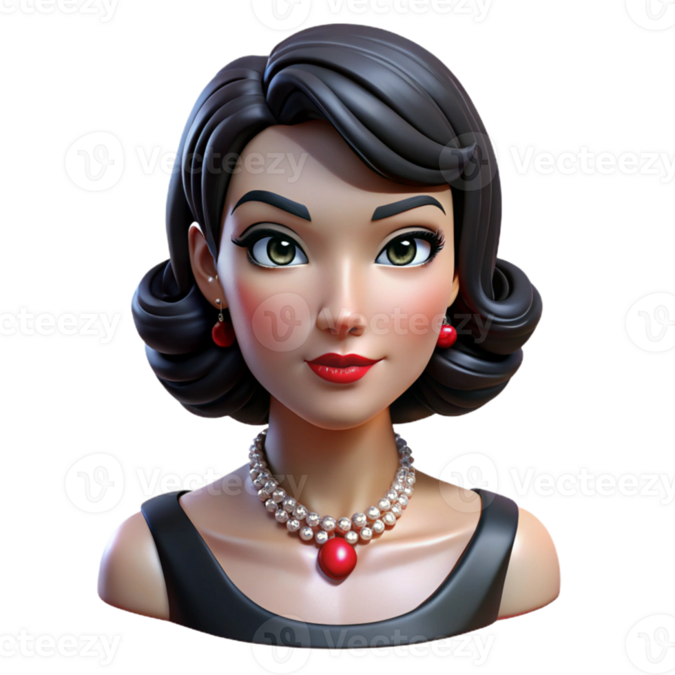 wonderful artistic vibrant traditional Portrait of a glamorous woman with sleek black hair, ruby red lipstick, and a diamond necklace, Hollywood glamour lighting, Art Deco style, high quality genuine png