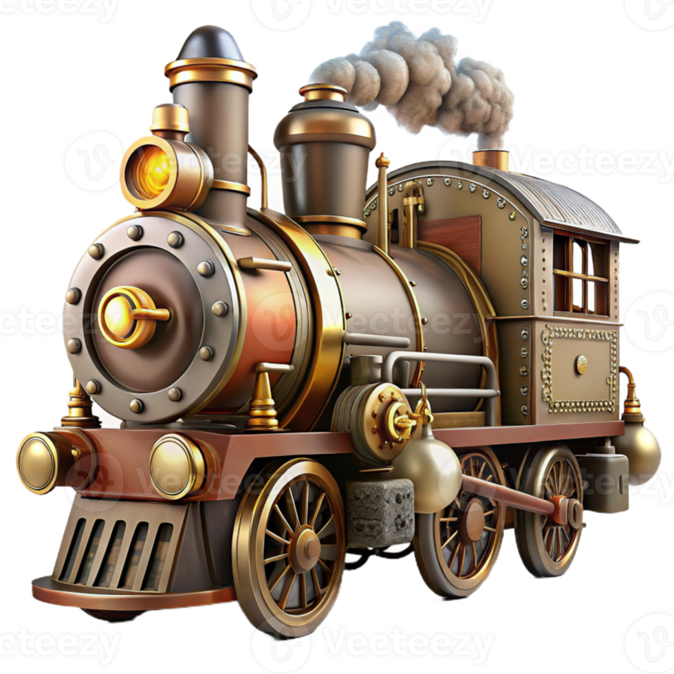 vibrant creative stunning abstract A powerful steampunk locomotive engine, billowing steam, intricate pistons and gears, dramatic spotlighting, gritty realism detailed high quality png
