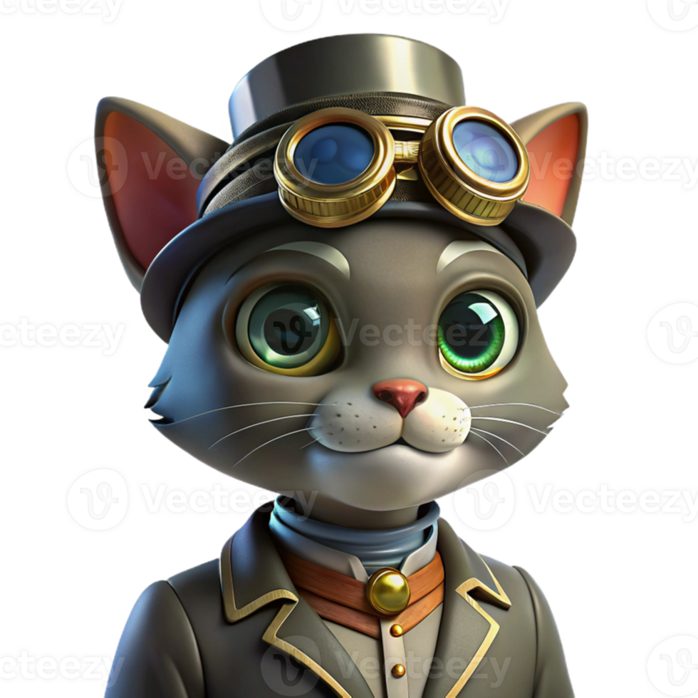 vibrant vintage wonderful creative A portrait of a steampunk cat wearing goggles and a tiny top hat, warm, inviting lighting, digital painting style professional premium png