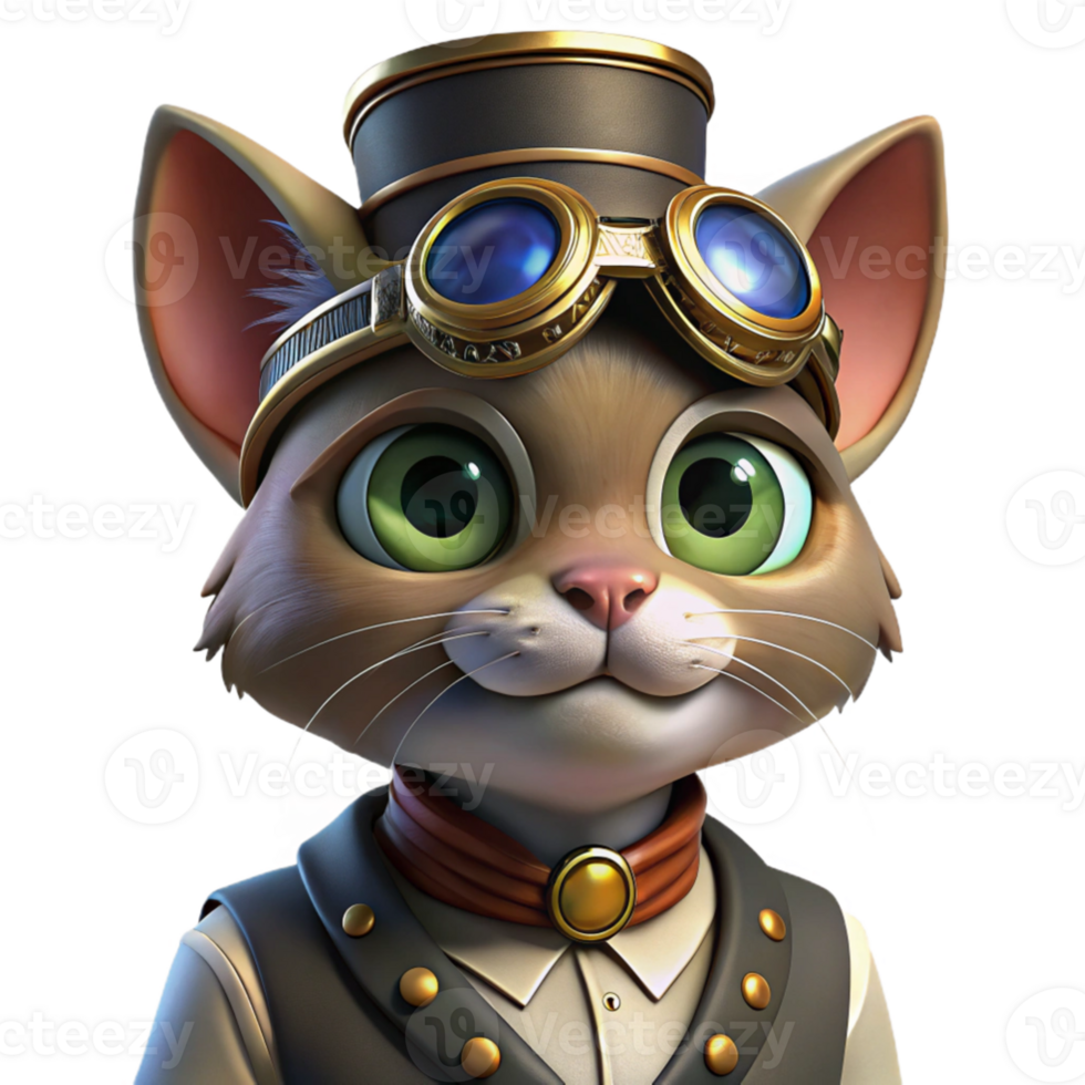 magnificent vintage elegant minimalist A portrait of a steampunk cat wearing goggles and a tiny top hat, warm, inviting lighting, digital painting style professional 4K png