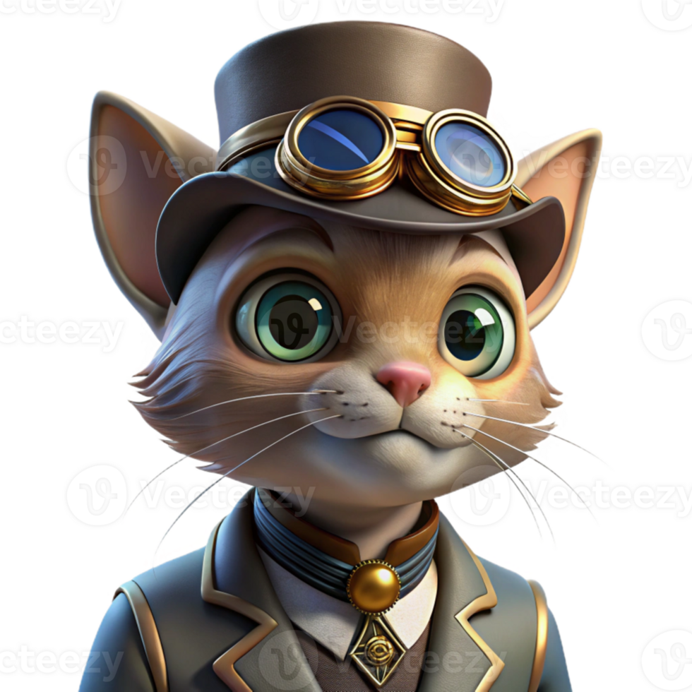 stunning artistic vibrant minimalist A portrait of a steampunk cat wearing goggles and a tiny top hat, warm, inviting lighting, digital painting style 4K 4K png