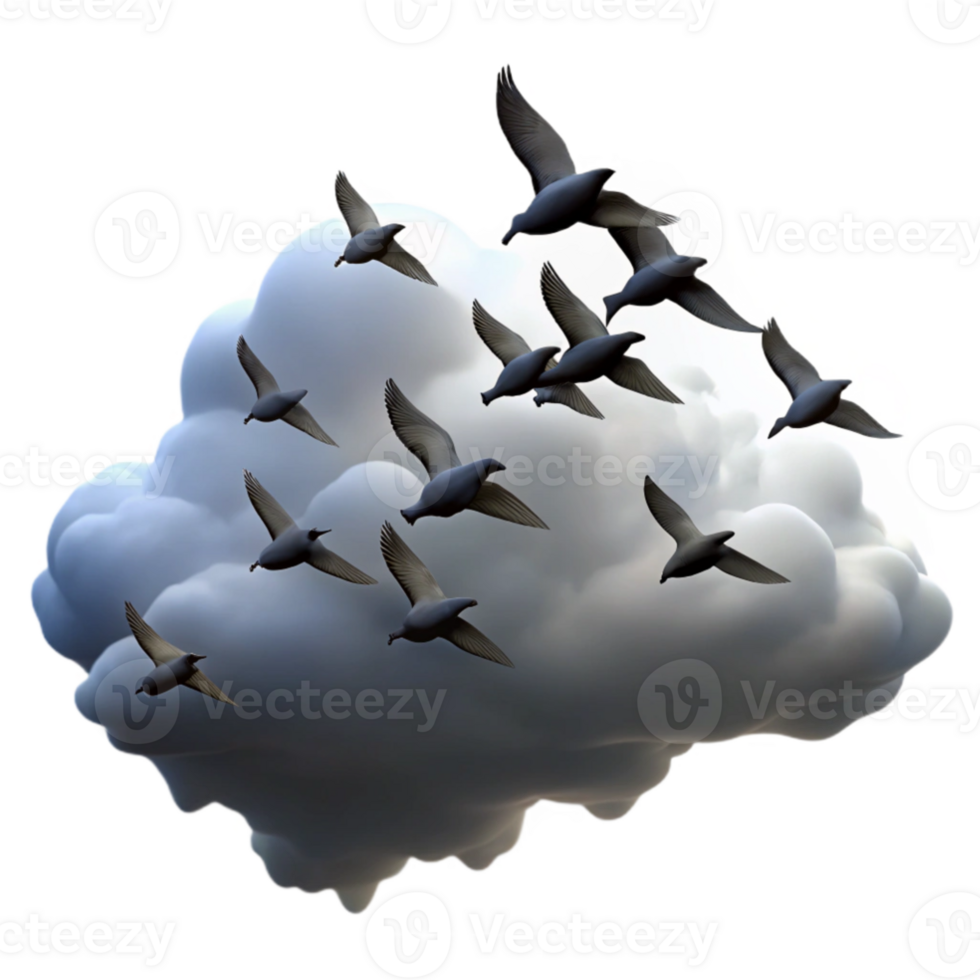 impressive modern dramatic artistic A flock of birds flying in formation against a cloudy sky, silhouette, dramatic lighting detailed authentic png