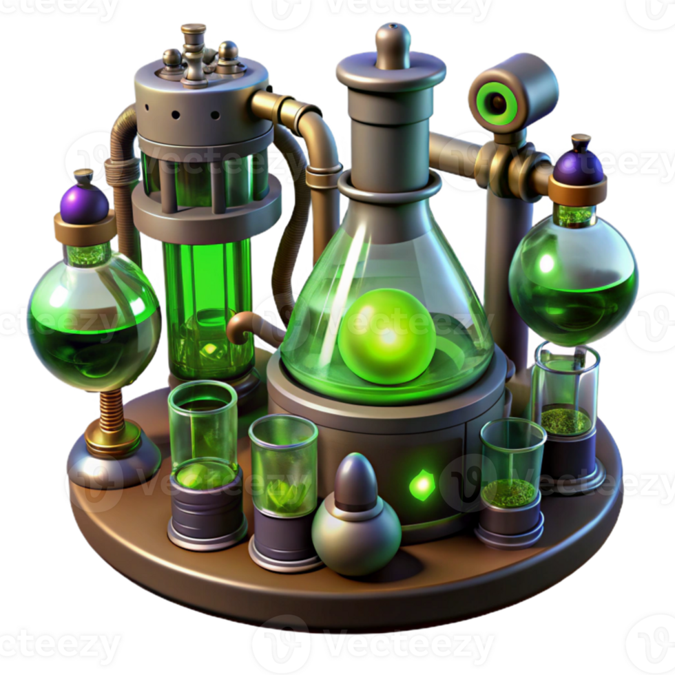 impressive modern beautiful minimalist A steampunk laboratory filled with bubbling beakers, strange devices, and glowing tubes, eerie green lighting, highly detailed original detailed png